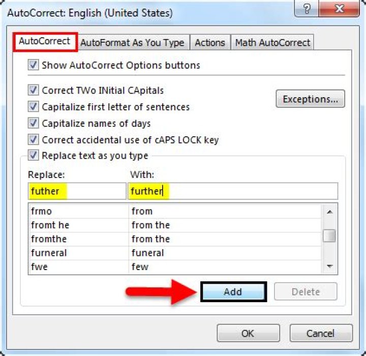 AutoCorrect options list