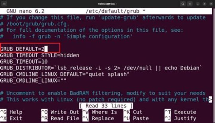 How can I change the default boot menu option from the grub command line?