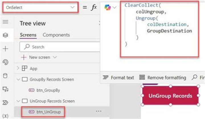 I cant use the function Ungroup in Power apps