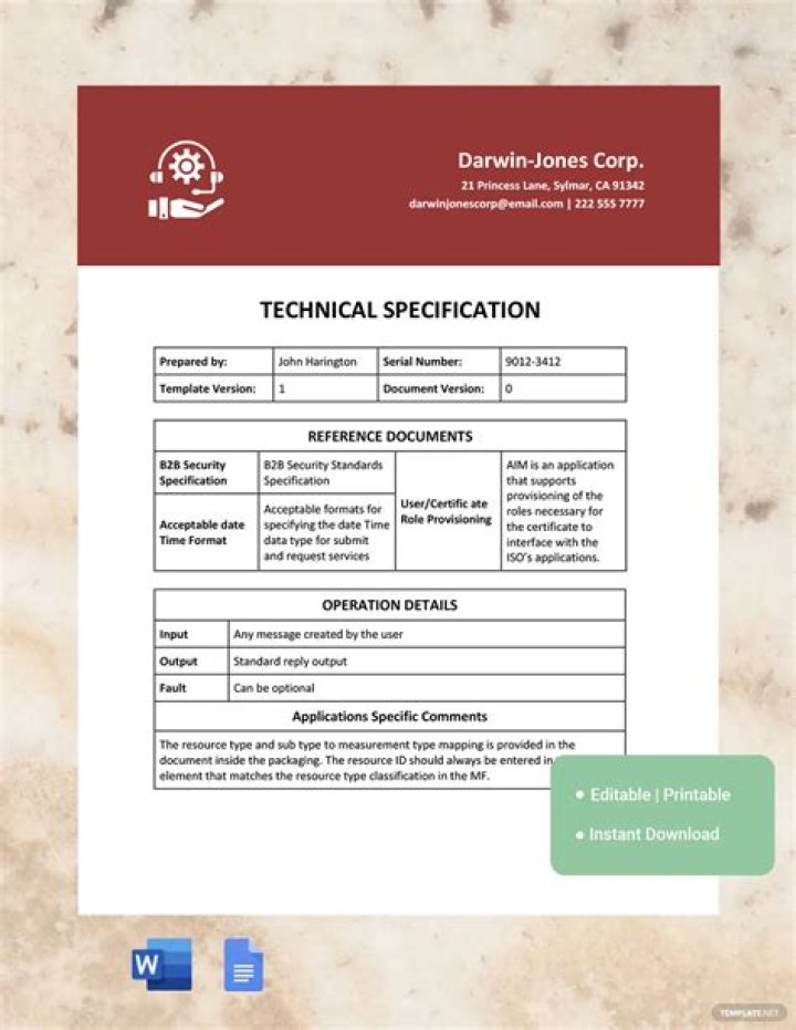 Specification details.