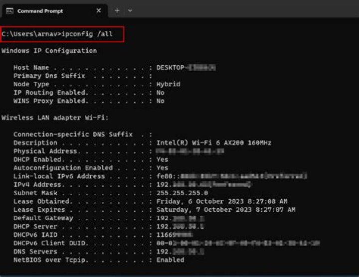 The ipconfig command on other networked computers under same domain/workgroup