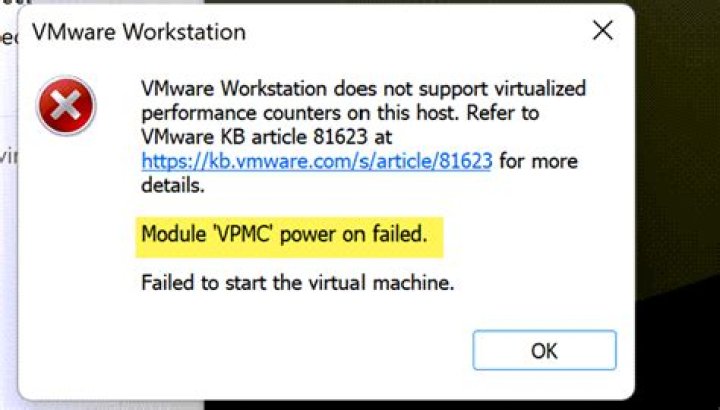 VMware Workstation does not support nested virtualization on this host. Module 'HV' power on failed. Failed to start the virtual machine
