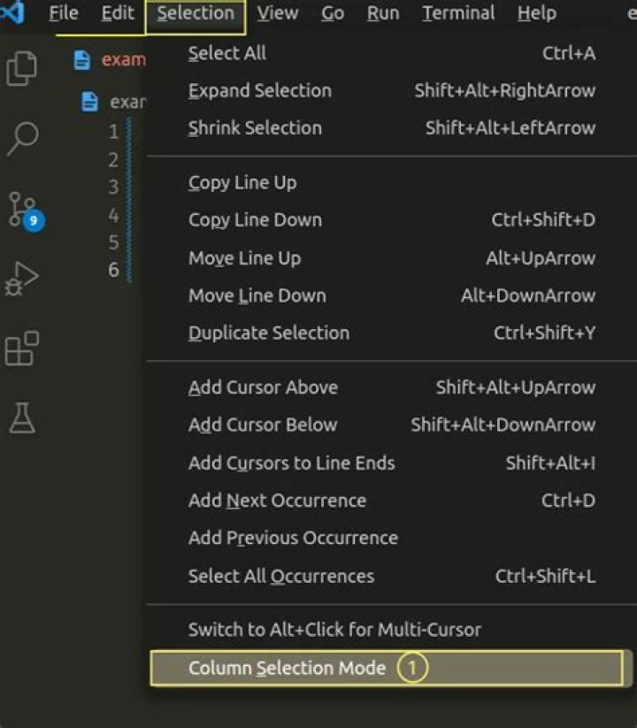 VSCode column selection with keyboard